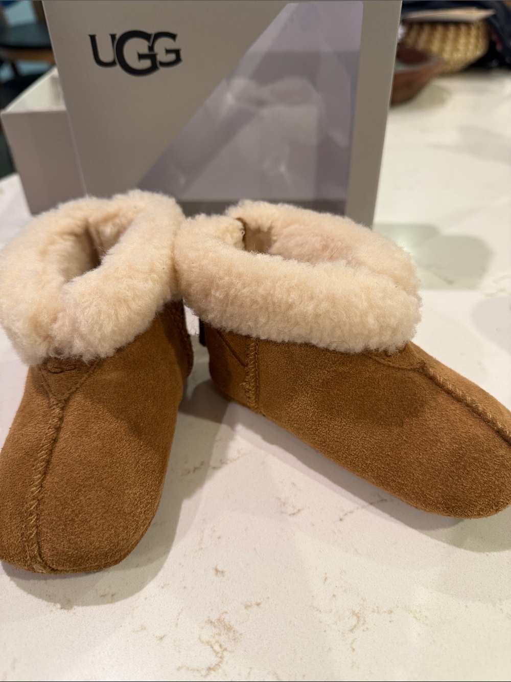 UGG Kids Chestnut Suede Slipper Booties with Cream Shearling Cuff
